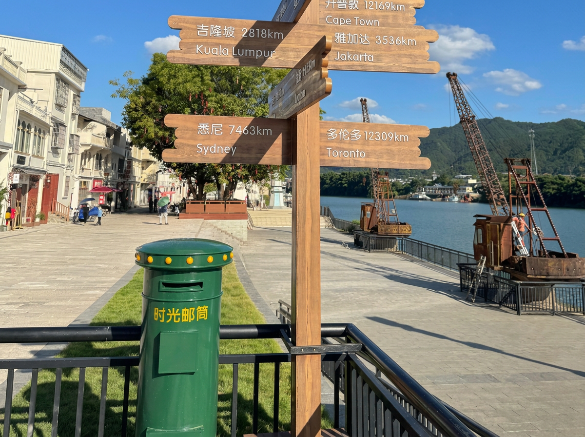 Papan penunjuk arah di Pelabuhan Songkou — jarak ke Jakarta, Kuala Lumpur, Sydney, Cape Town & Toronto, menandai jejak diaspora Hakka